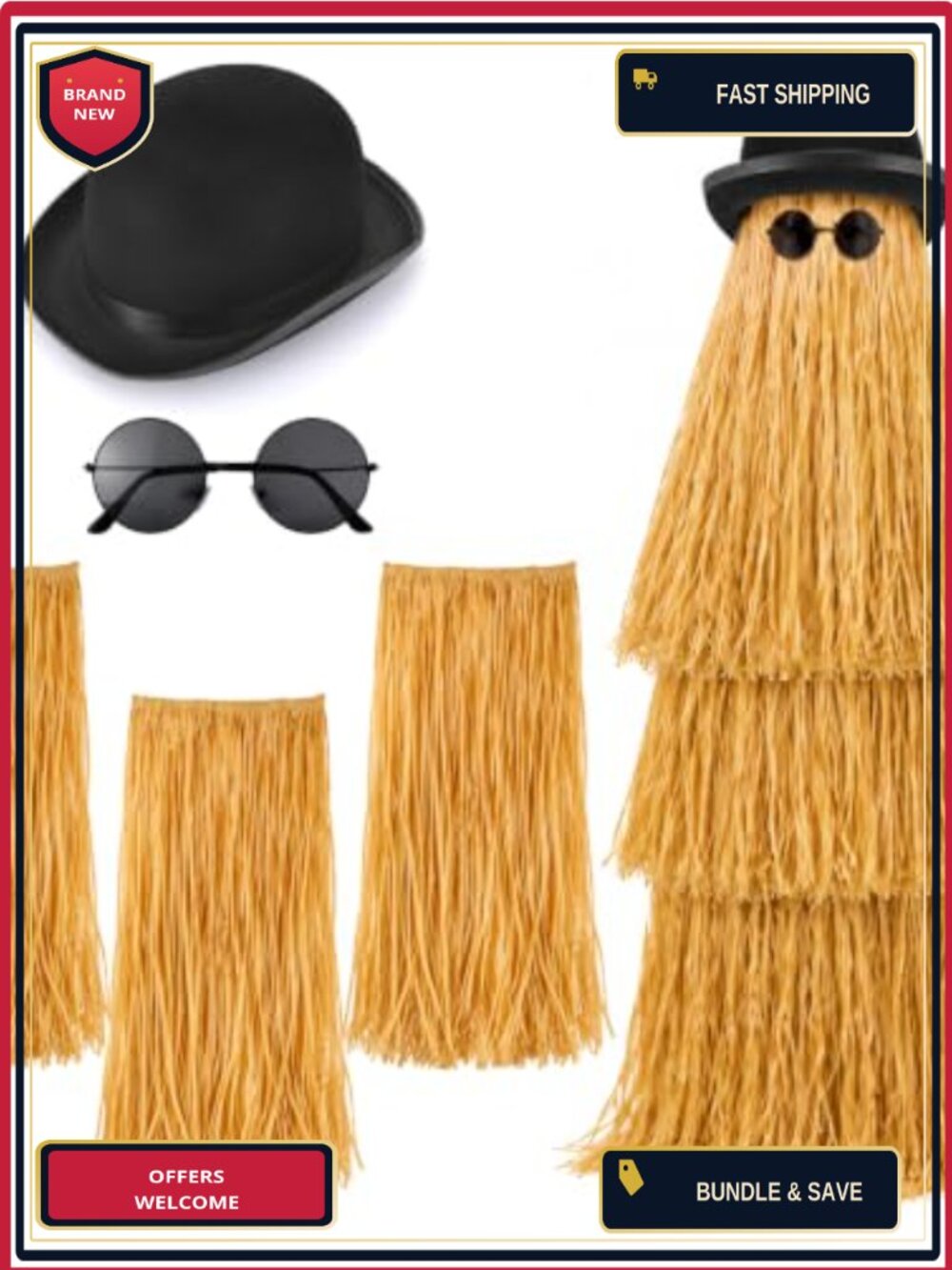 5 Pc Hula Skirt Derby Hat Round Sunglasses Costume Set